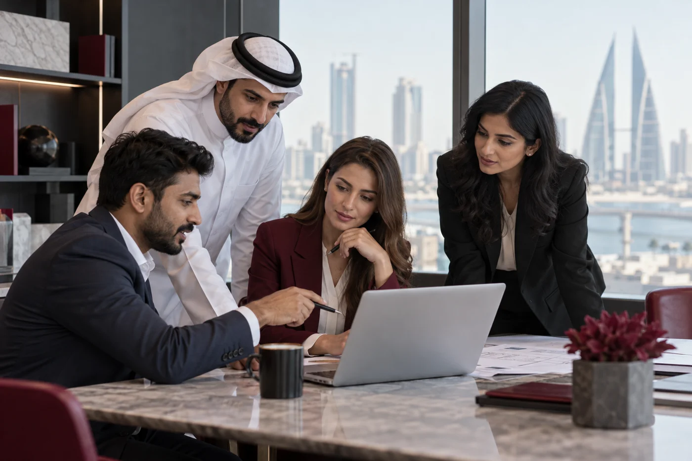 Financial technology team discussing a project in a modern office